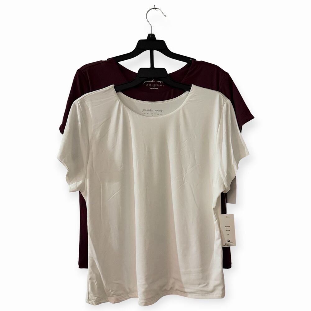 NWT Pink Rose Modal Blend Short Sleeve T-Shirt Set 2 Pack White Brown Women's XL